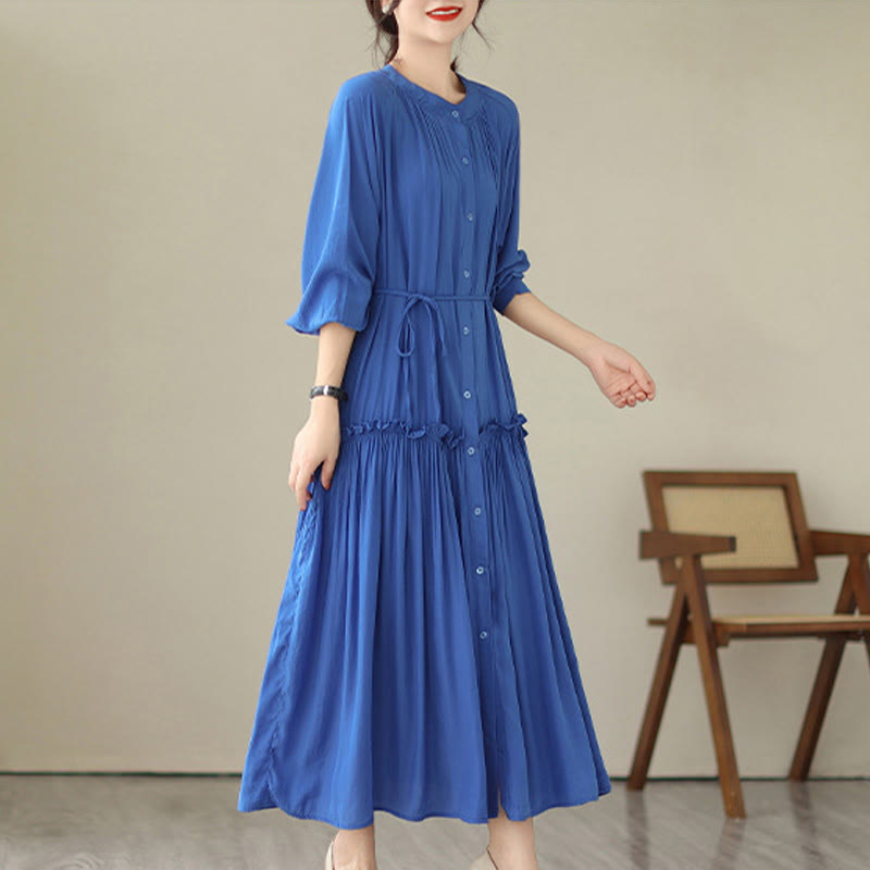Minimalist Pleated Polyester Midi Dress for Mindful Daily Living