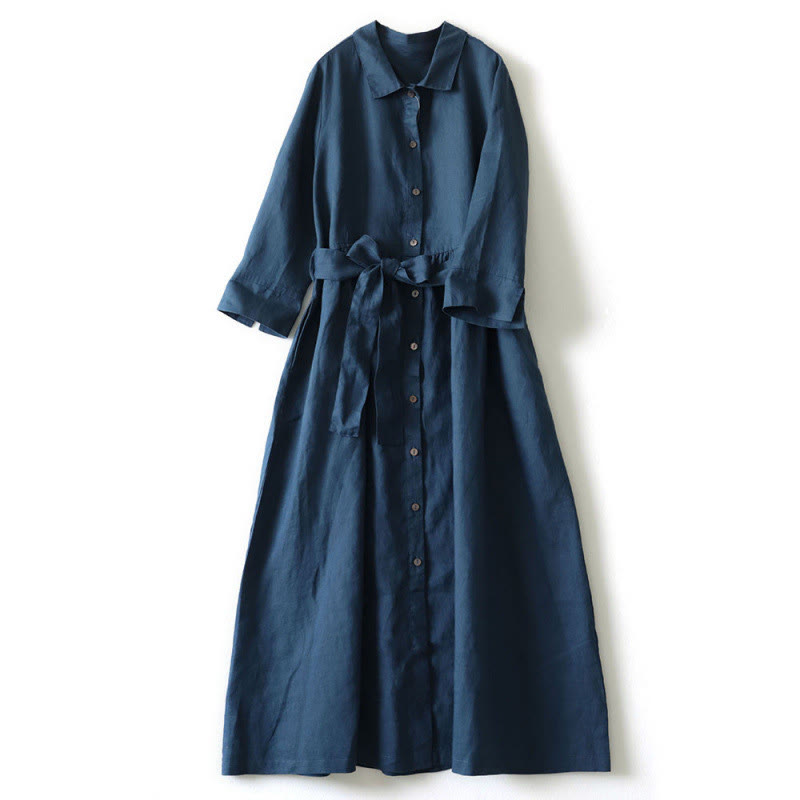 Breathable Linen Stand-Collar Grounding Meditation Midi Dress