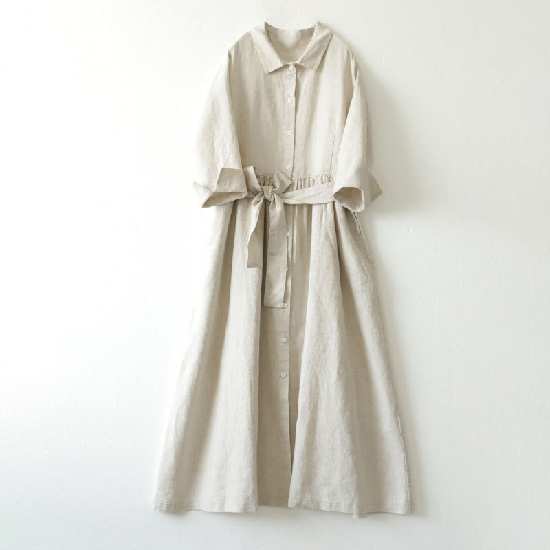 Breathable Linen Stand-Collar Grounding Meditation Midi Dress