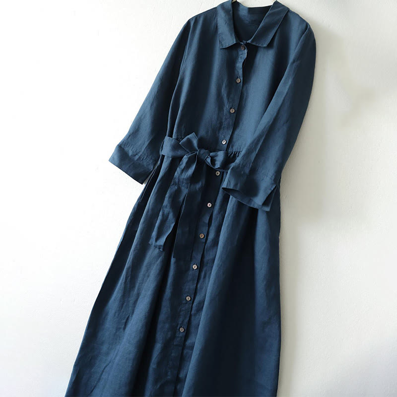 Breathable Linen Stand-Collar Grounding Meditation Midi Dress