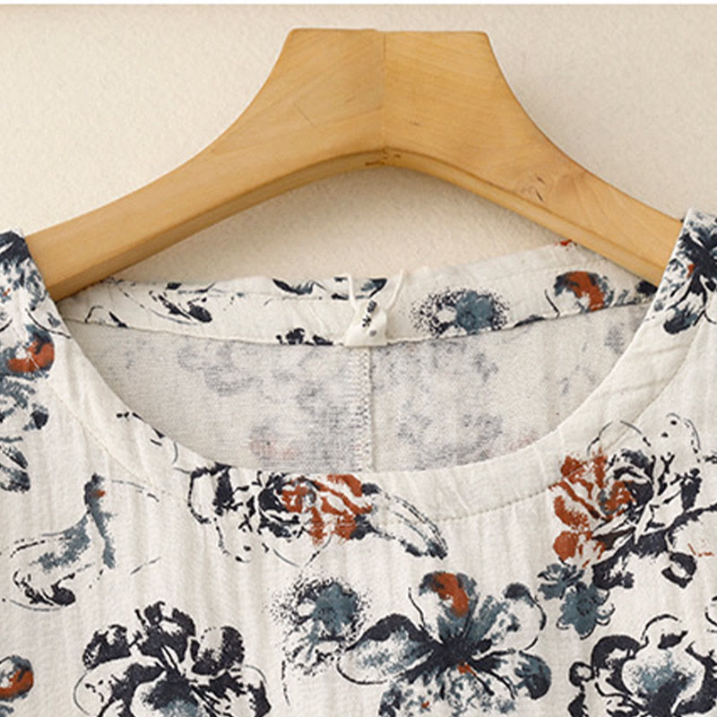 Breathable Cotton Linen Floral Relaxed Mindful Midi Dress