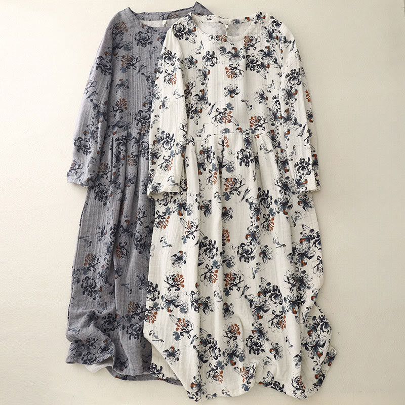 Breathable Cotton Linen Floral Relaxed Mindful Midi Dress