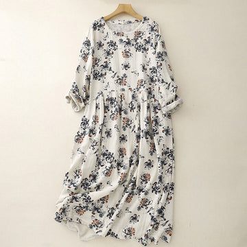 Breathable Cotton Linen Floral Relaxed Mindful Midi Dress