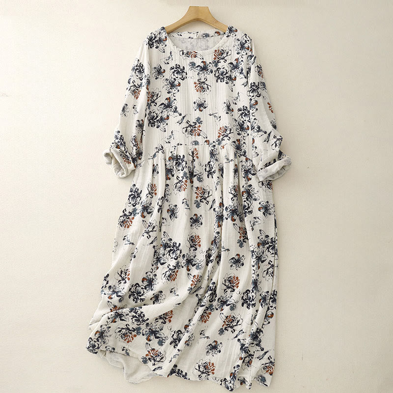 Breathable Cotton Linen Floral Relaxed Mindful Midi Dress
