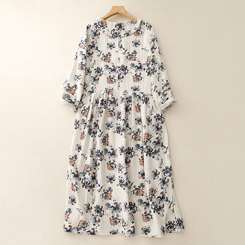 Breathable Cotton Linen Floral Relaxed Mindful Midi Dress