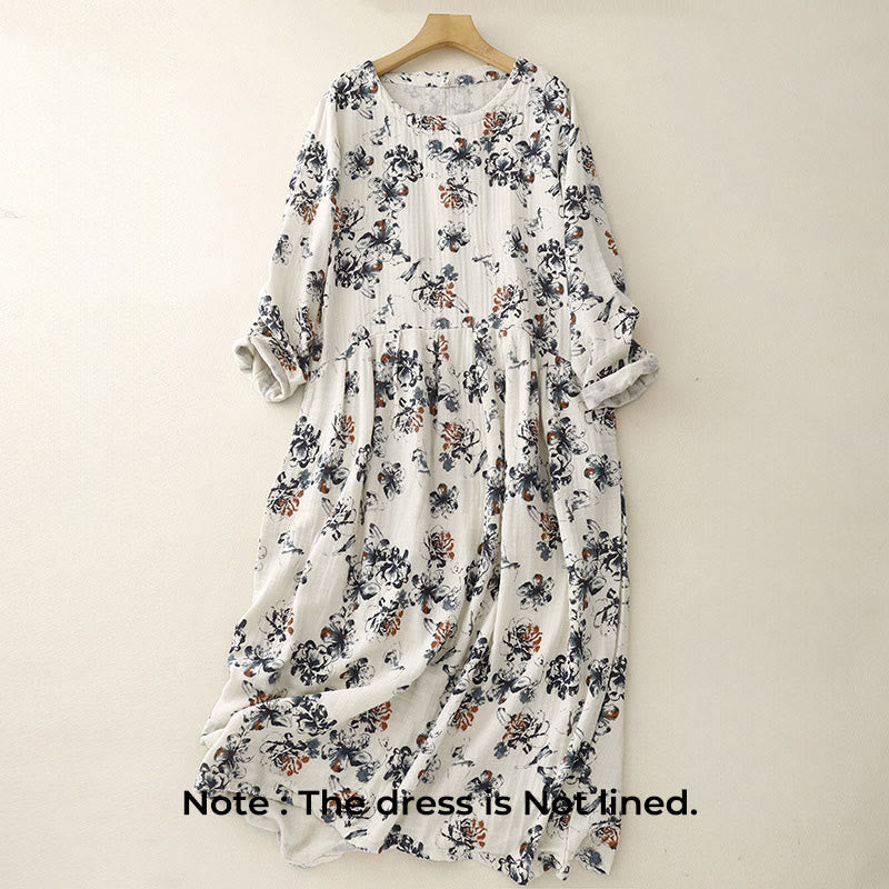 Breathable Cotton Linen Floral Relaxed Mindful Midi Dress
