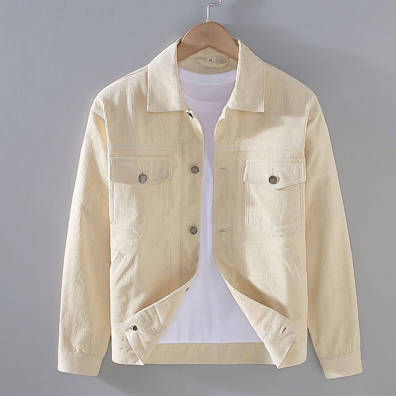 Plain Long Sleeve Button Design Men's Cotton Jacket Shirt With Pockets