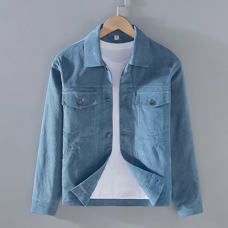 Plain Long Sleeve Button Design Men's Cotton Jacket Shirt With Pockets