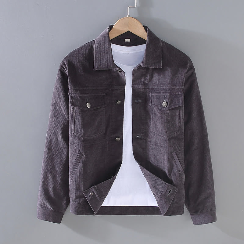 Plain Long Sleeve Button Design Men's Cotton Jacket Shirt With Pockets