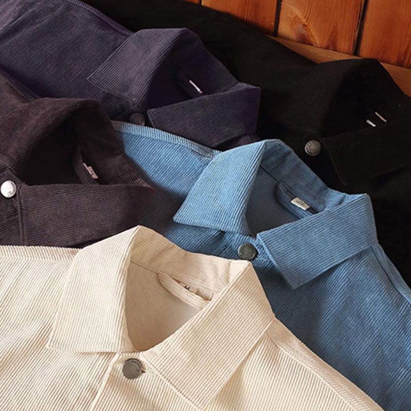 Plain Long Sleeve Button Design Men's Cotton Jacket Shirt With Pockets