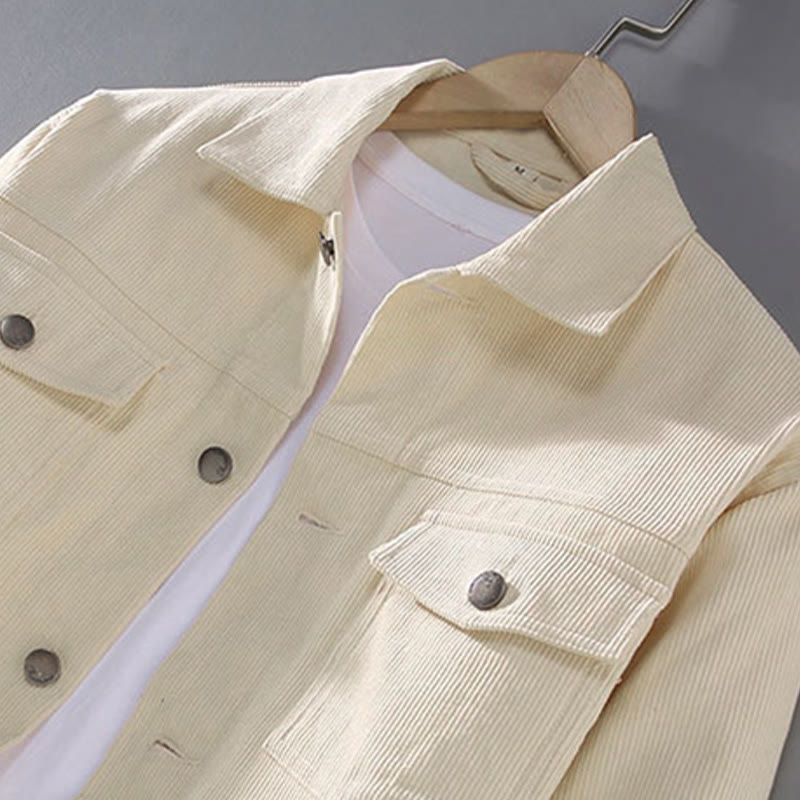 Plain Long Sleeve Button Design Men's Cotton Jacket Shirt With Pockets