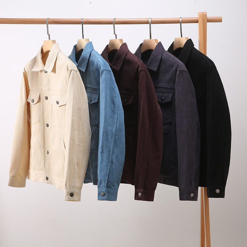 Plain Long Sleeve Button Design Men's Cotton Jacket Shirt With Pockets