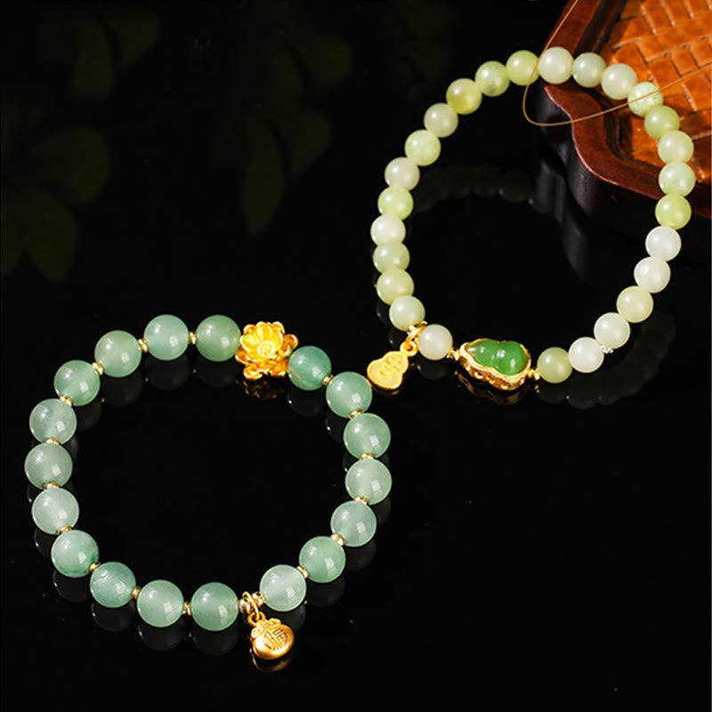 Natural Jade and Green Aventurine Wu Lou Gourd Fu Character Beaded Bracelet
