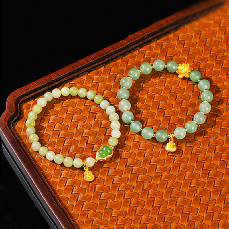 Natural Jade and Green Aventurine Wu Lou Gourd Fu Character Beaded Bracelet