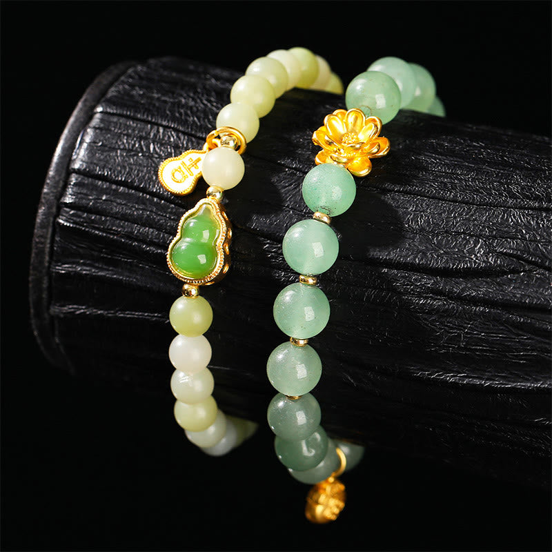 Natural Jade and Green Aventurine Wu Lou Gourd Fu Character Beaded Bracelet