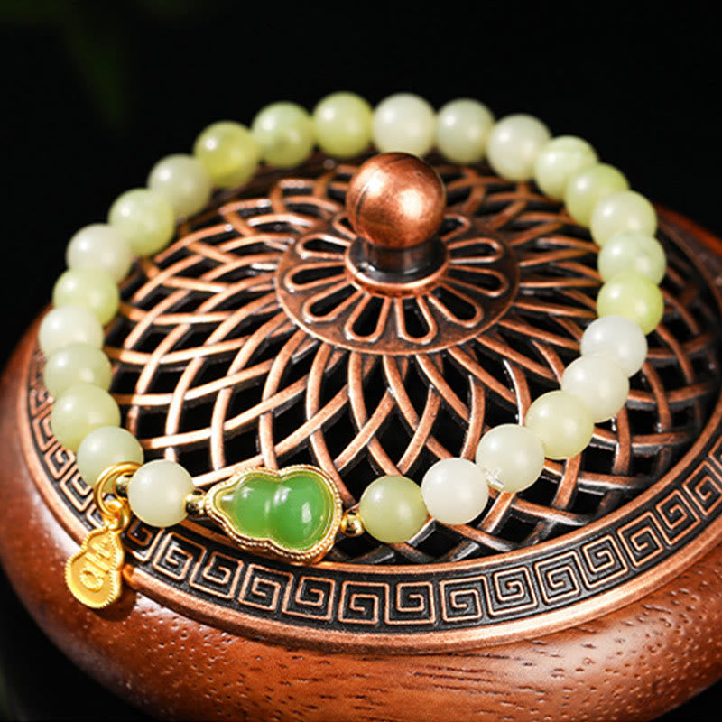 Natural Jade and Green Aventurine Wu Lou Gourd Fu Character Beaded Bracelet