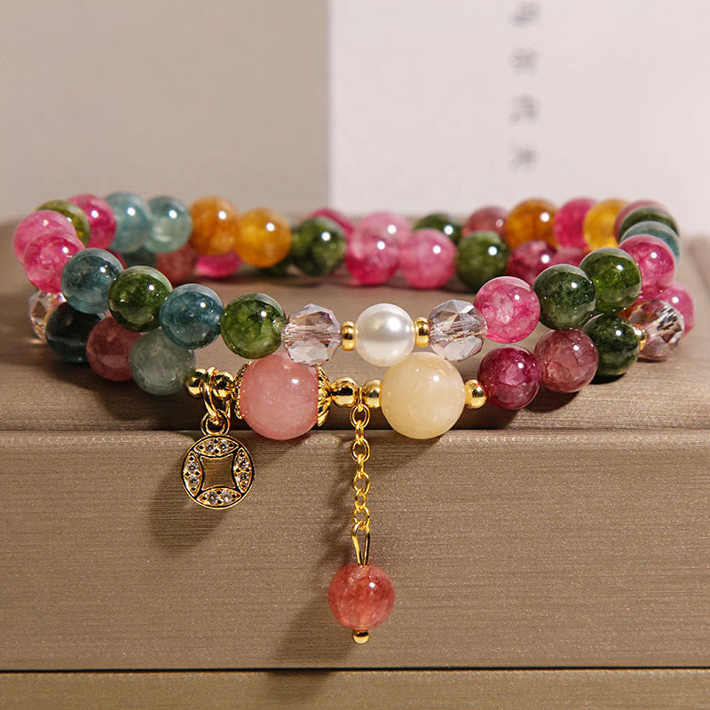 Tourmaline Purple Jade Aquamarine Jade Copper Coin Positive Double Wrap Bracelet
