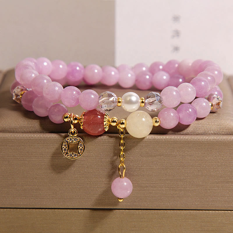 Tourmaline Purple Jade Aquamarine Jade Copper Coin Positive Double Wrap Bracelet