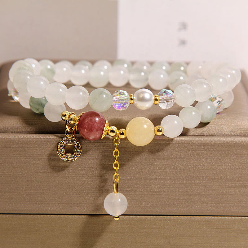 Tourmaline Purple Jade Aquamarine Jade Copper Coin Positive Double Wrap Bracelet
