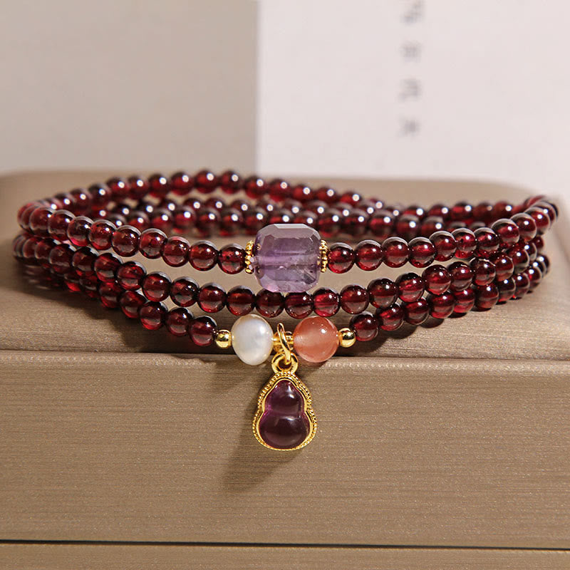 Natural Garnet and Amethyst Multi-Layer Bracelet with Clear Quartz Wu Lou Gourd