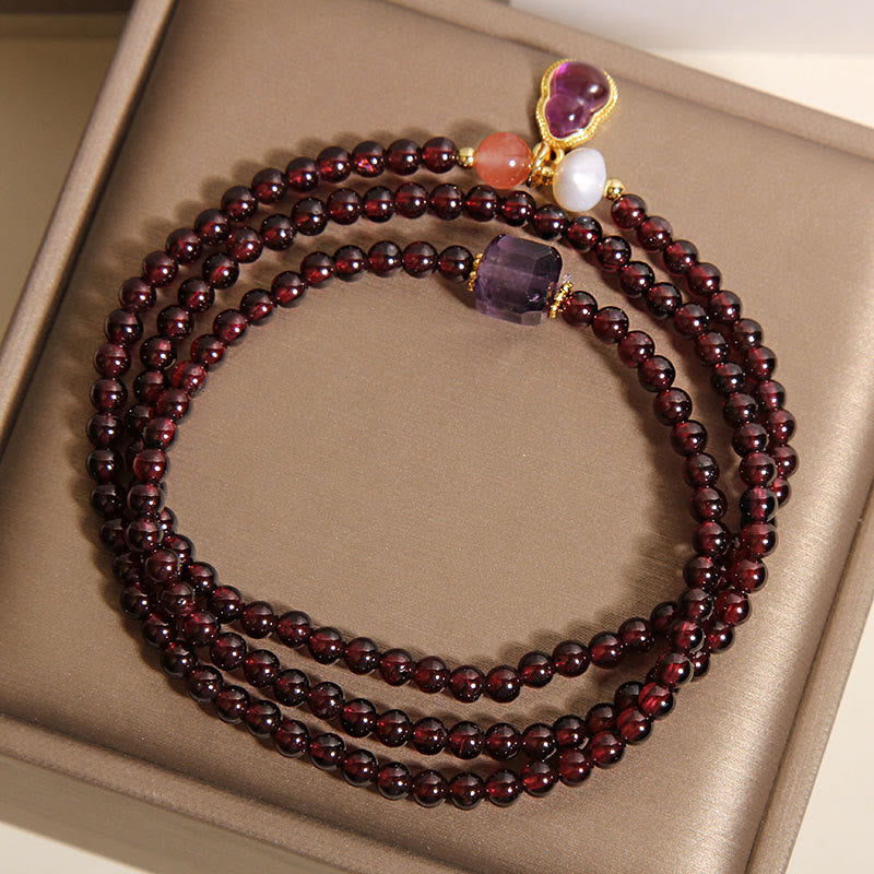 Natural Garnet and Amethyst Multi-Layer Bracelet with Clear Quartz Wu Lou Gourd