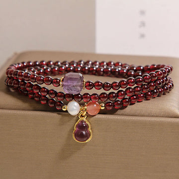 Natural Garnet and Amethyst Multi-Layer Bracelet with Clear Quartz Wu Lou Gourd