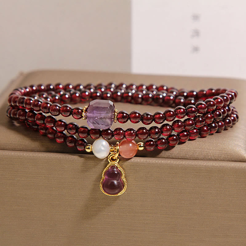 Natural Garnet and Amethyst Multi-Layer Bracelet with Clear Quartz Wu Lou Gourd