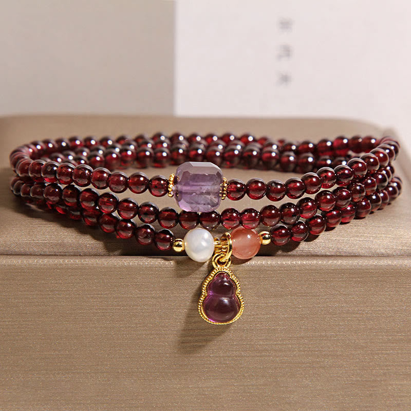 Natural Garnet and Amethyst Multi-Layer Bracelet with Clear Quartz Wu Lou Gourd