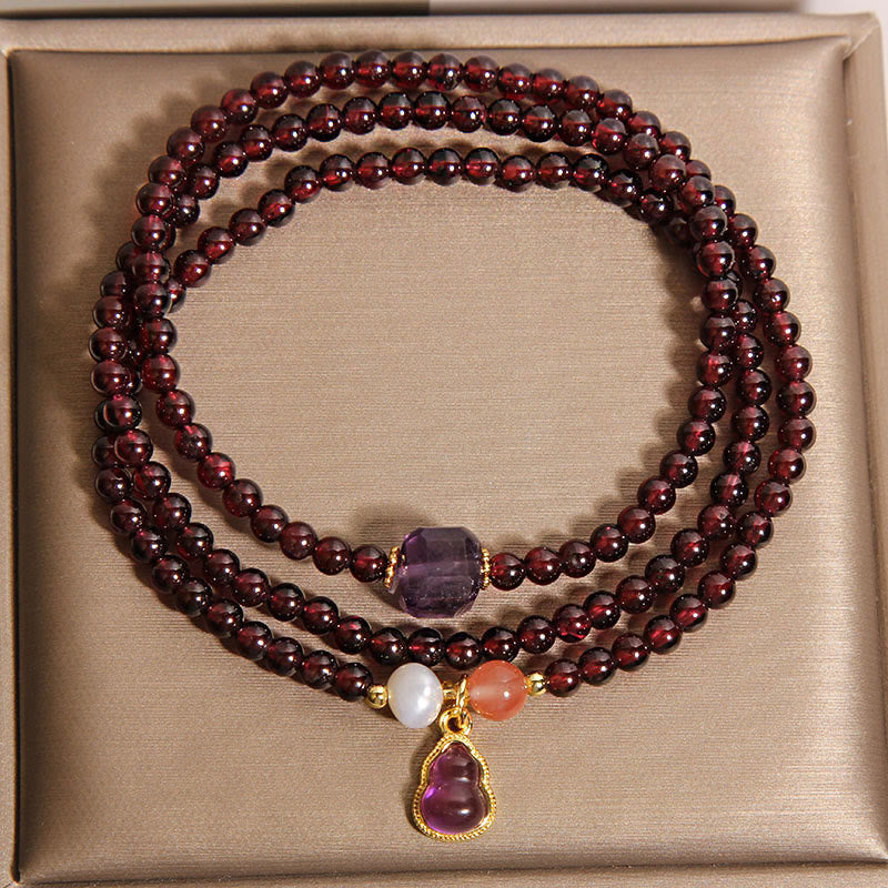 Natural Garnet and Amethyst Multi-Layer Bracelet with Clear Quartz Wu Lou Gourd