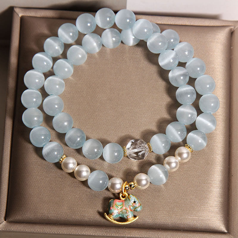 Blue Cat's Eye and Copper Trojan Horse Double Wrap Bracelet