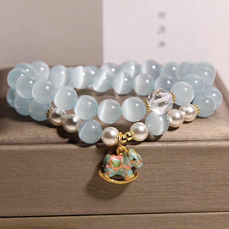 Blue Cat's Eye and Copper Trojan Horse Double Wrap Bracelet