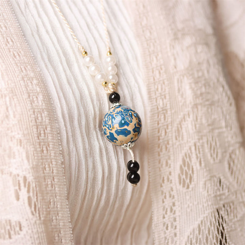 Ebony Wood Aurora Lacquer Craft Bead Pearl Balance Necklace Pendant
