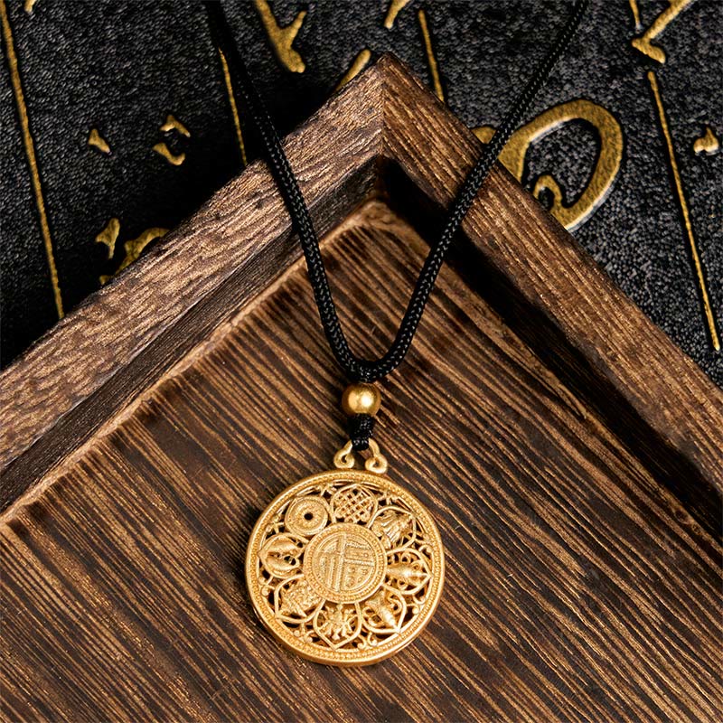 Copper Eight Treasure Compass Fu Character Fortune Rope Necklace Pendant