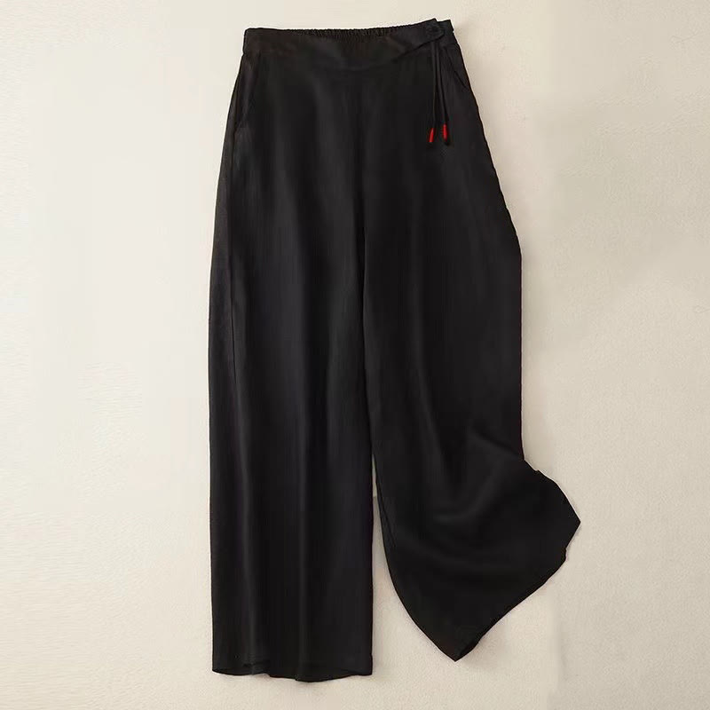 Casual Solid Color One Button Women's Capri Wide Leg Pants With Pockets