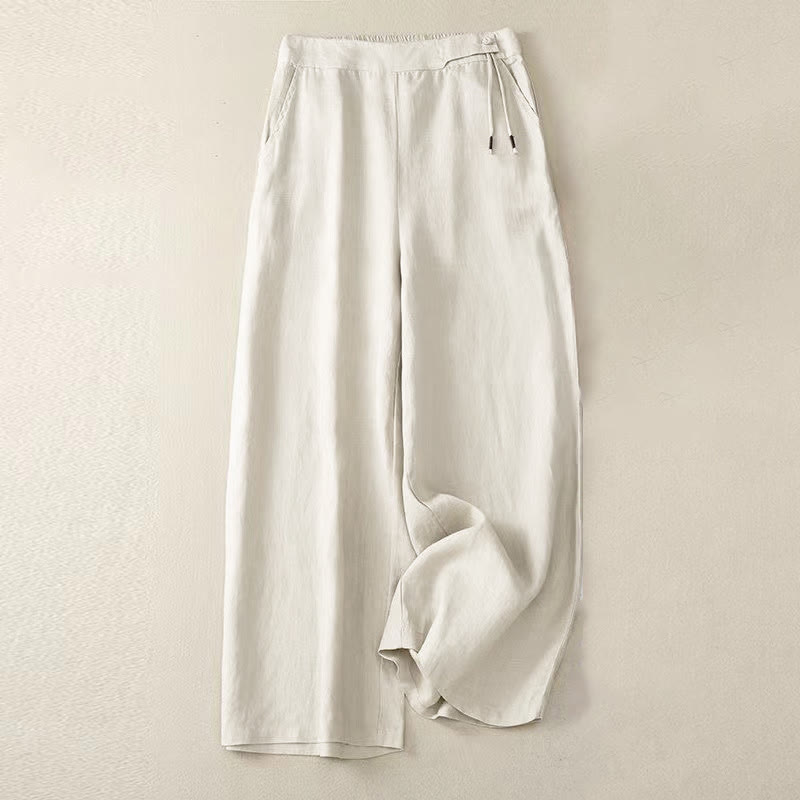 Casual Solid Color One Button Women's Capri Wide Leg Pants With Pockets