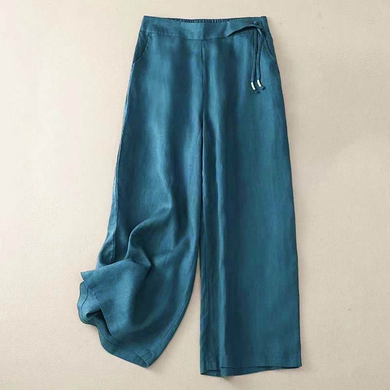 Casual Solid Color One Button Women's Capri Wide Leg Pants With Pockets