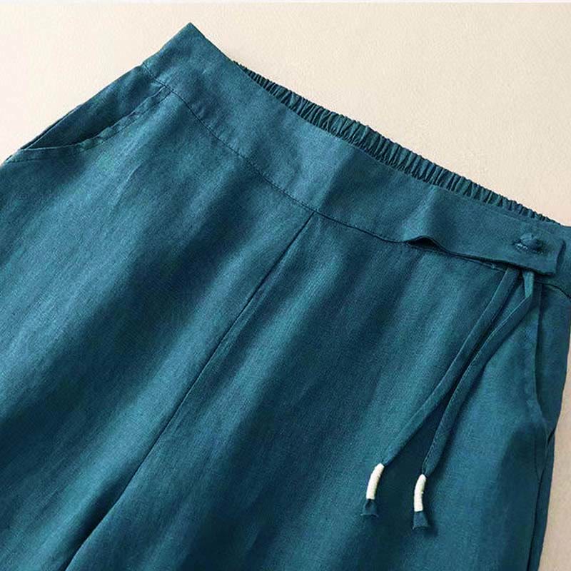 Casual Solid Color One Button Women's Capri Wide Leg Pants With Pockets
