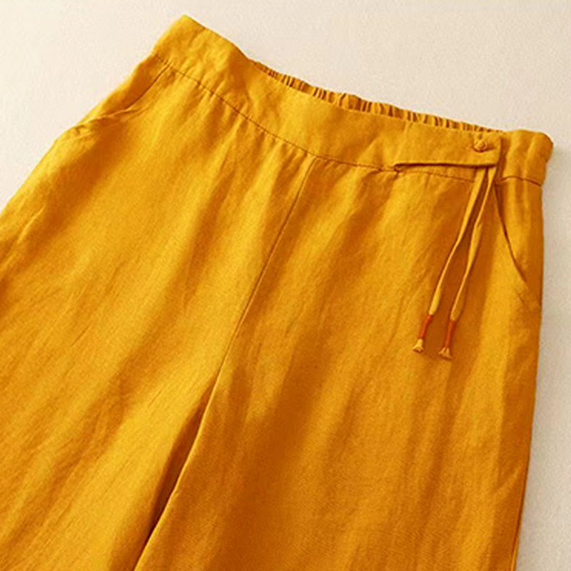 Casual Solid Color One Button Women's Capri Wide Leg Pants With Pockets