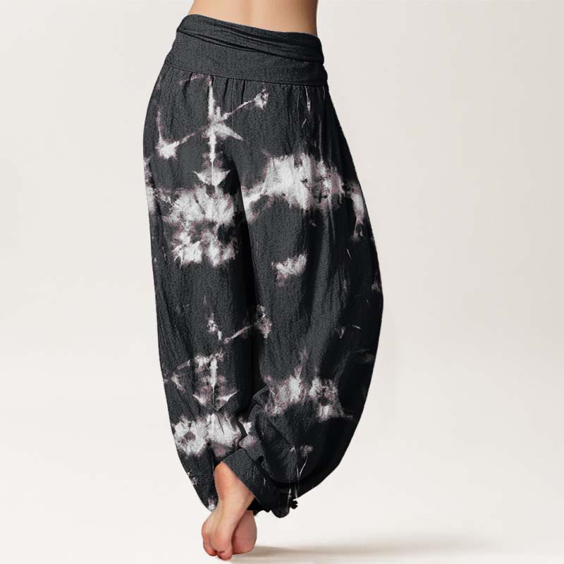 Pure Cotton White Lines Spots Tie-Dye Pattern Women's Elastic Waist Harem Pants