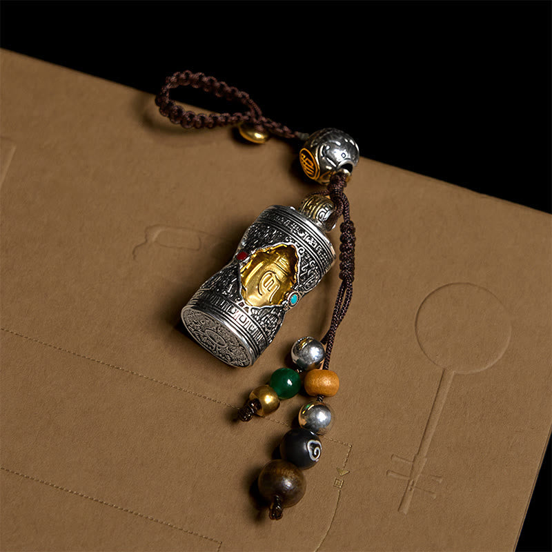 Om Mani Padme Hum Ghau Prayer Box Copper Plated Silver Luck Key Chain