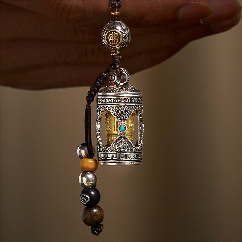 Om Mani Padme Hum Ghau Prayer Box Copper Plated Silver Luck Key Chain