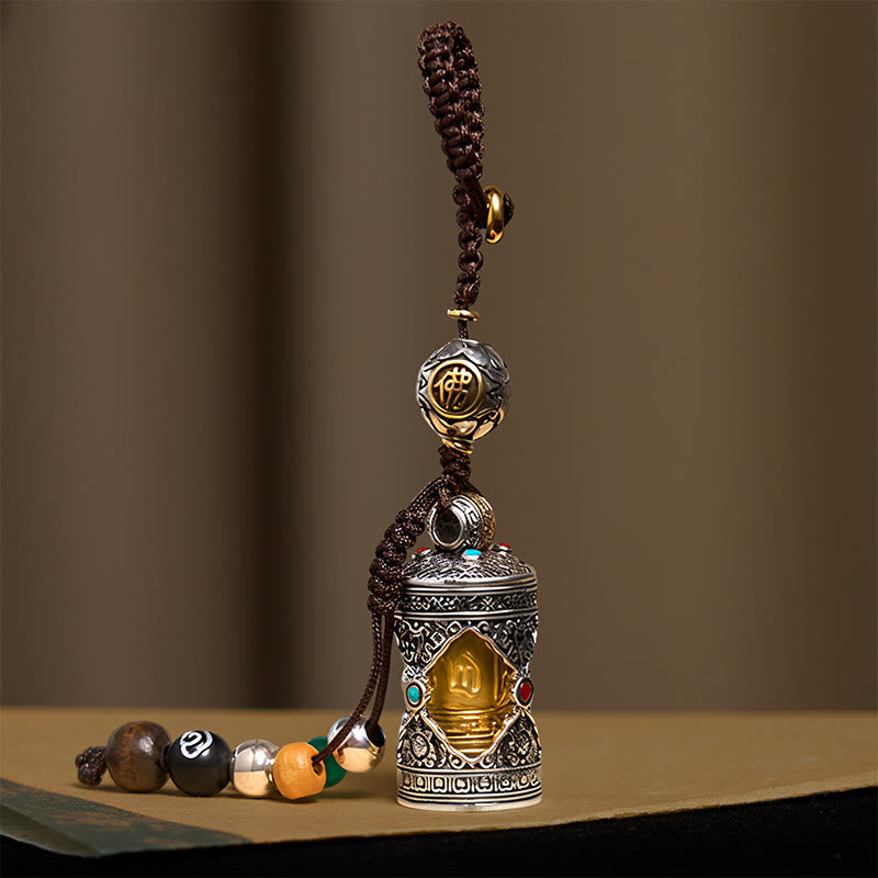 Om Mani Padme Hum Ghau Prayer Box Copper Plated Silver Luck Key Chain
