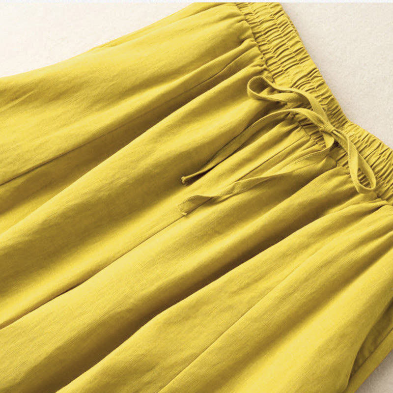 Plain Color 7-8 Length Capri Cropped Pants Cotton Linen Women's Wide Leg Pants With Pockets