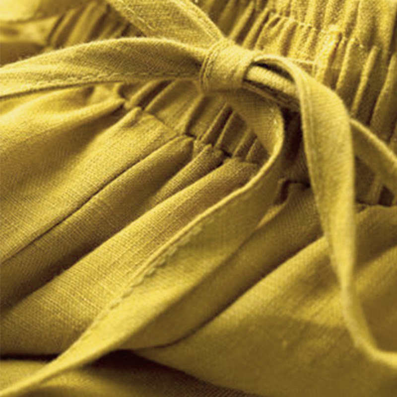 Plain Color 7-8 Length Capri Cropped Pants Cotton Linen Women's Wide Leg Pants With Pockets