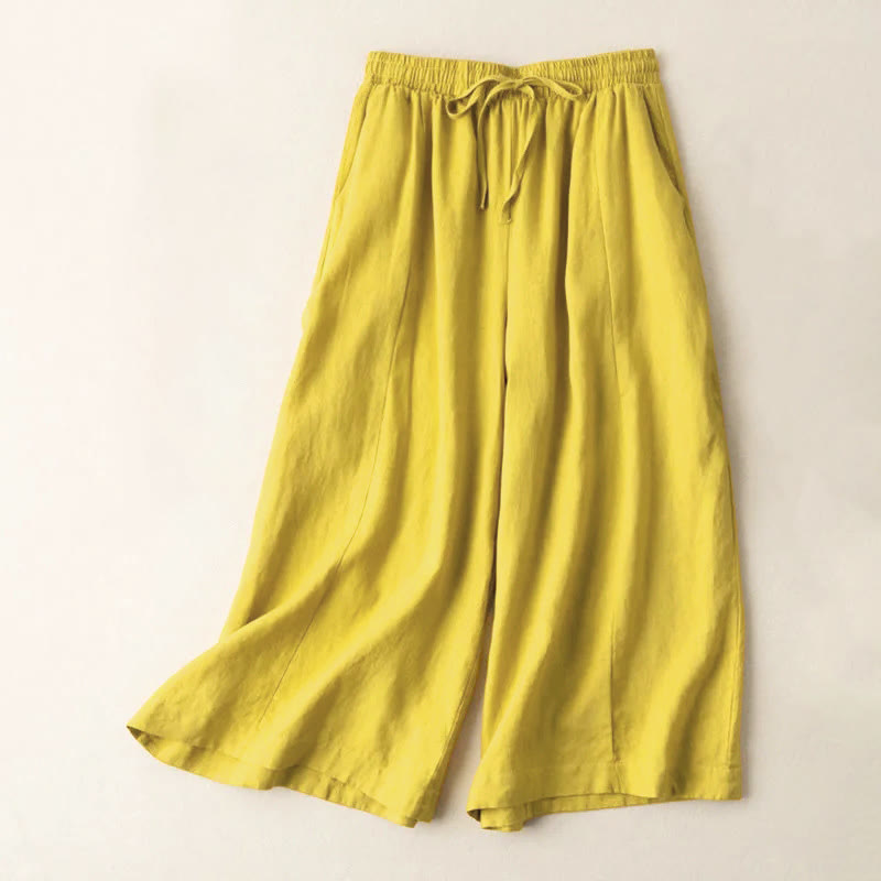 Plain Color 7-8 Length Capri Cropped Pants Cotton Linen Women's Wide Leg Pants With Pockets