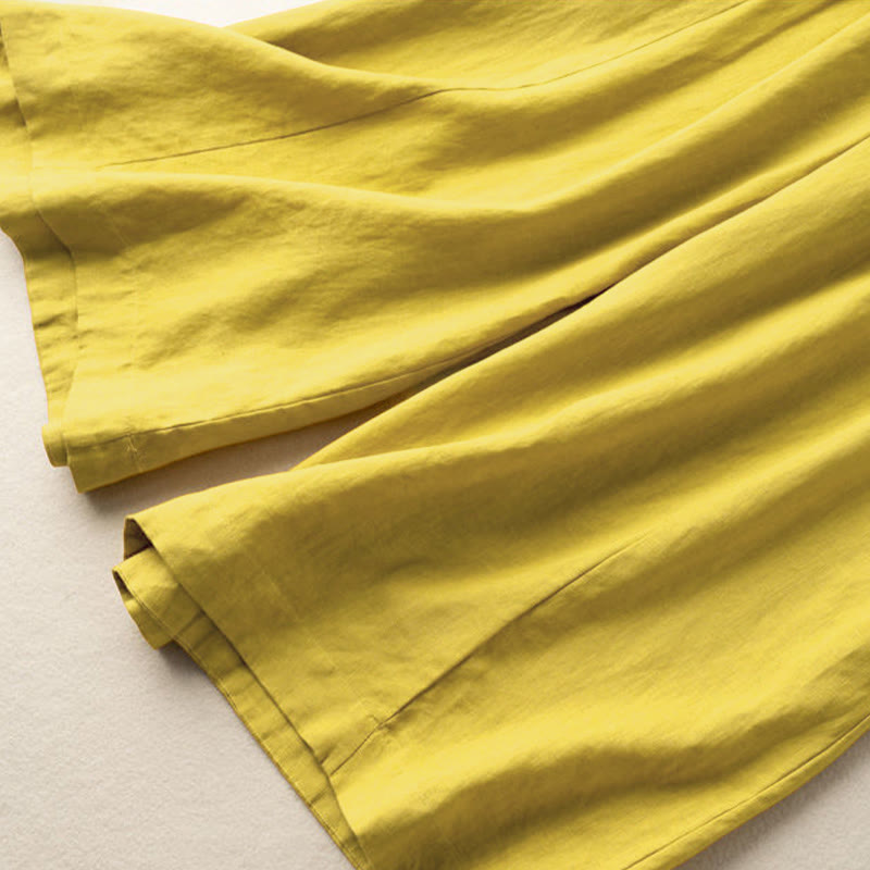 Plain Color 7-8 Length Capri Cropped Pants Cotton Linen Women's Wide Leg Pants With Pockets