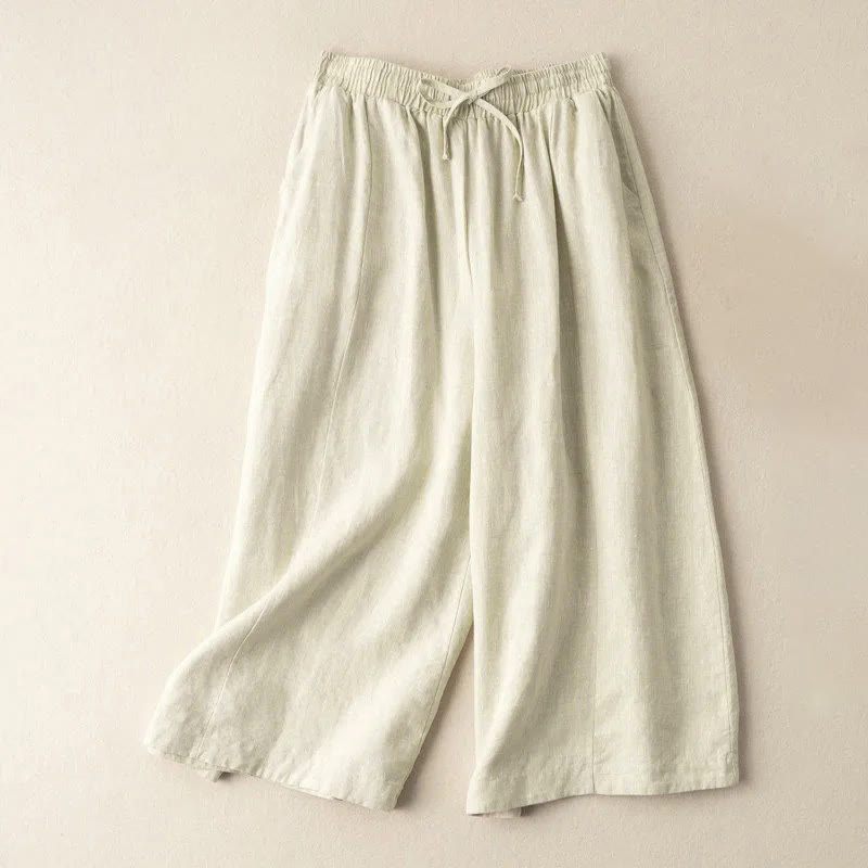 Plain Color 7-8 Length Capri Cropped Pants Cotton Linen Women's Wide Leg Pants With Pockets