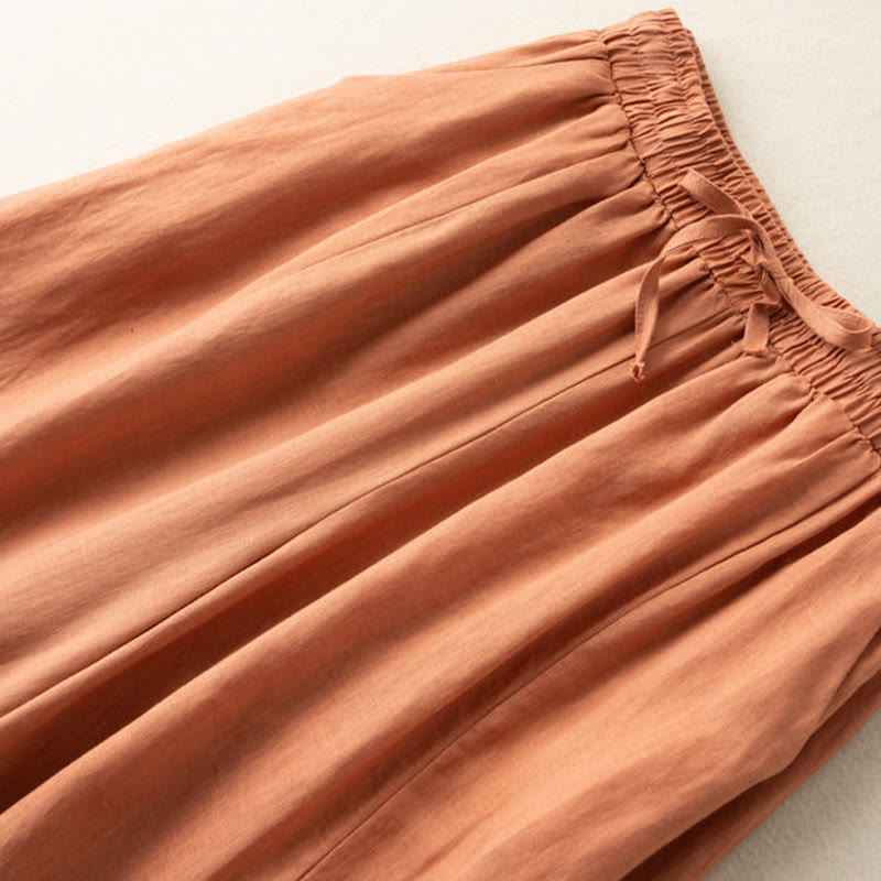 Plain Color 7-8 Length Capri Cropped Pants Cotton Linen Women's Wide Leg Pants With Pockets