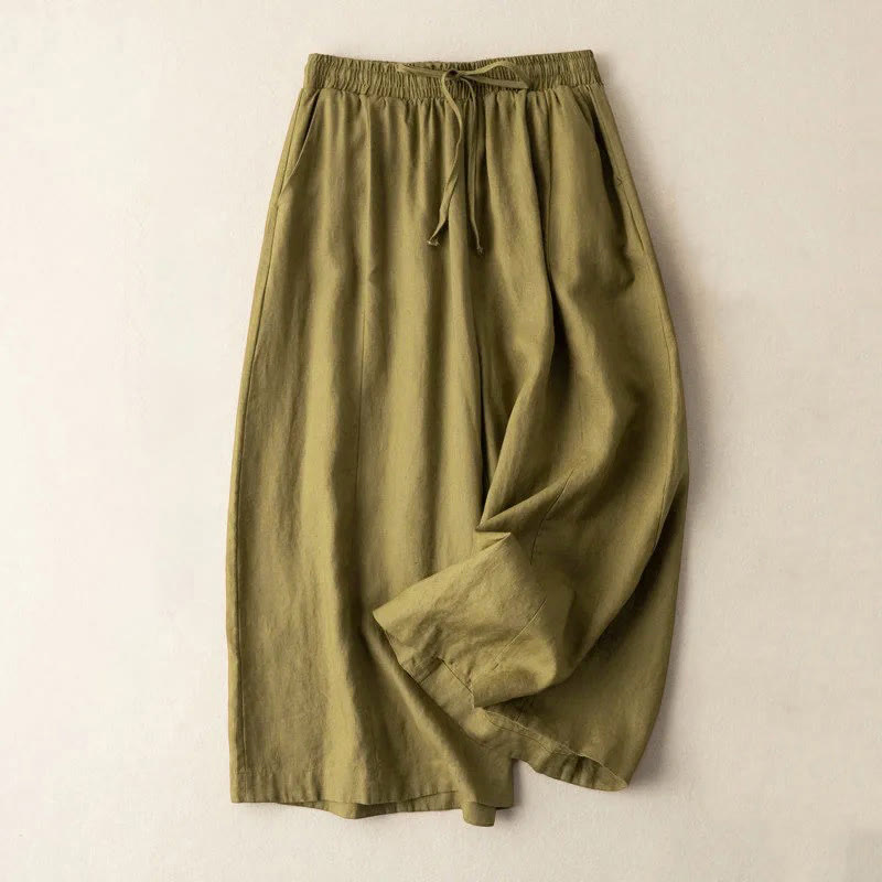 Plain Color 7-8 Length Capri Cropped Pants Cotton Linen Women's Wide Leg Pants With Pockets