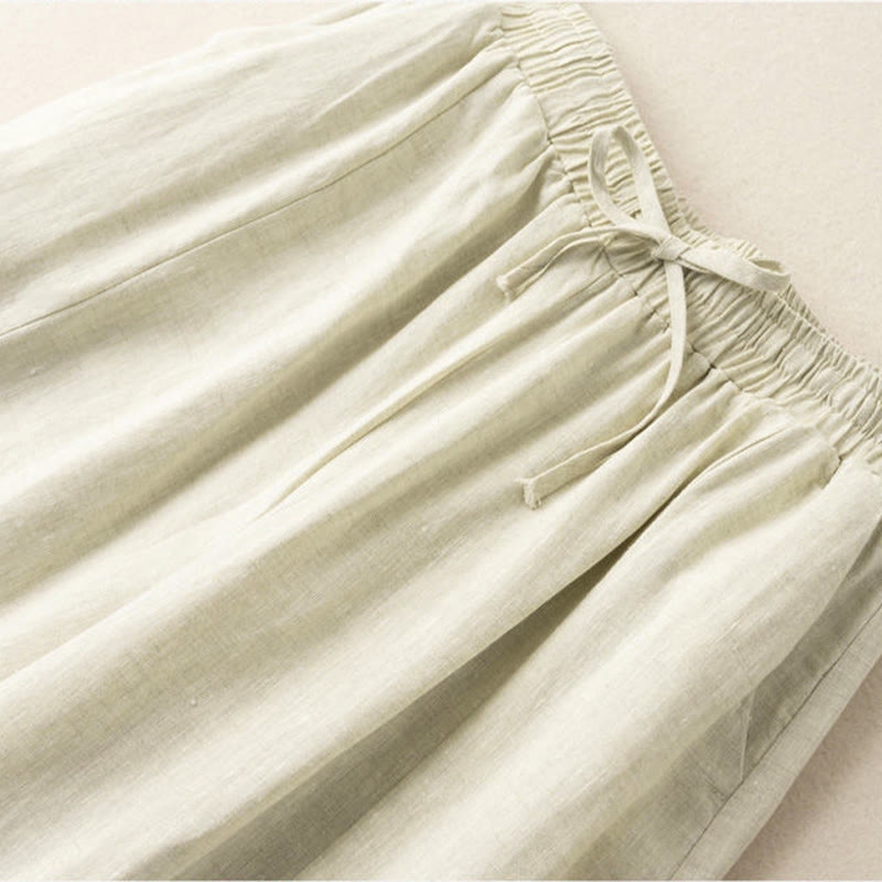 Plain Color 7-8 Length Capri Cropped Pants Cotton Linen Women's Wide Leg Pants With Pockets